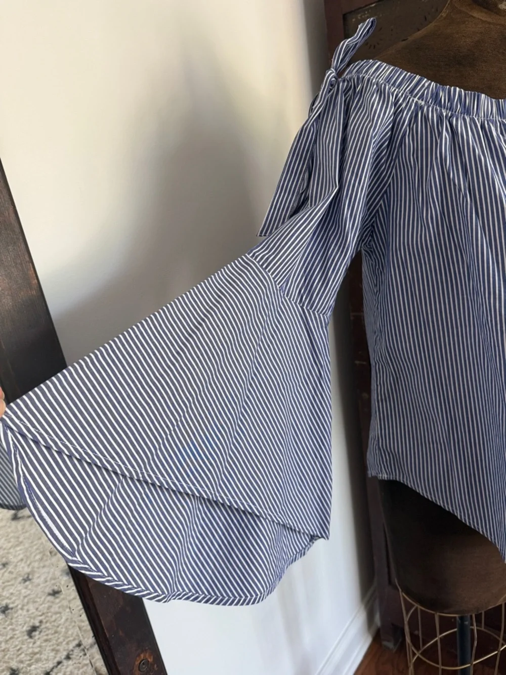 Blue and White Striped Off-Shoulder Tie-Sleeve Top - NWOT - Picture 2 of 5